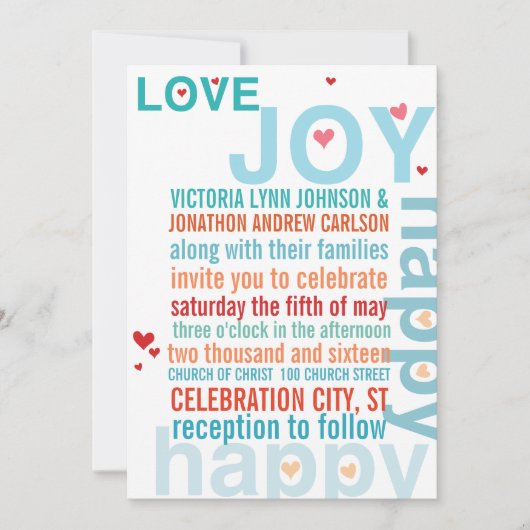 ターコイズアクアレッドモダンタイポグラフィラブバード 招待状 (正面)