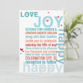 ターコイズアクアレッドモダンタイポグラフィラブバード 招待状 (スタンド正面)