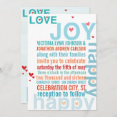 ターコイズアクアレッドモダンタイポグラフィラブバード 招待状 (正面/裏面)