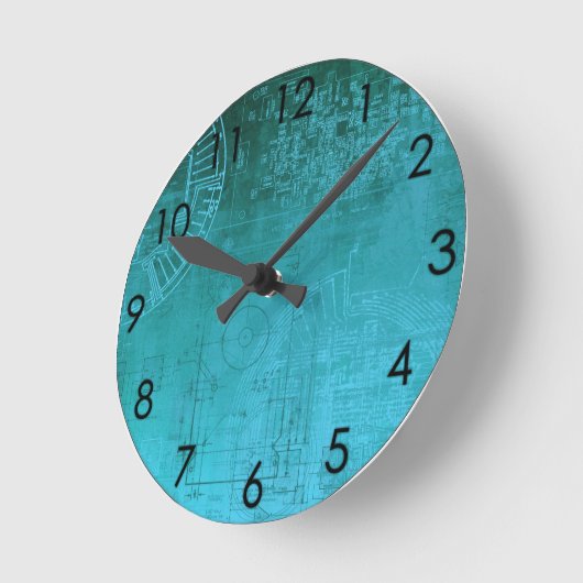 ターコイズアクア回路基板コンピュータギークおたく ラウンド壁時計 (傾斜)
