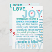 ターコイズアクア赤いハートモダンタイポグラフィ結婚ズ 招待状 (正面/裏面)