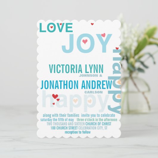 ターコイズアクア赤いハートモダンタイポグラフィ結婚ズ 招待状 (スタンド正面)