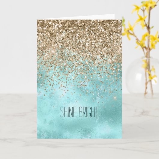 ターコイズアクア金ゴールドグラムグリッタースパークル カード (黄色い花)