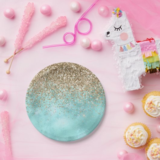 ターコイズアクア金ゴールドグラムグリッタースパークル      ペーパープレート (パーティー)