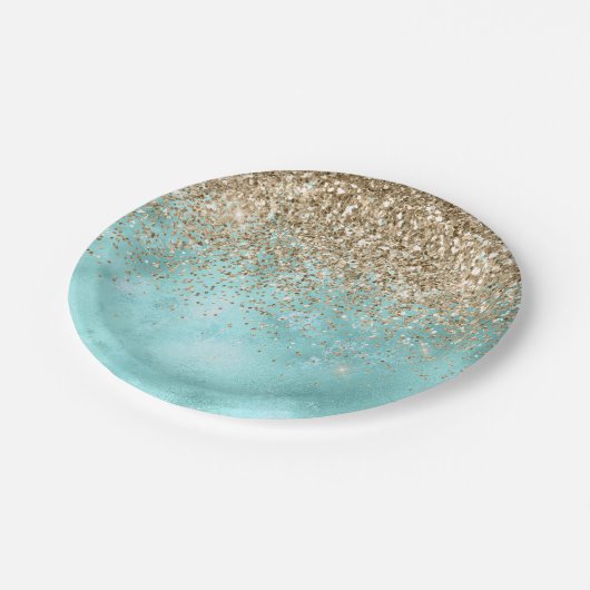 ターコイズアクア金ゴールドグラムグリッタースパークル      ペーパープレート (アングル)