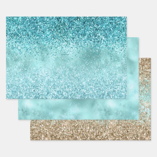 ターコイズアクア金ゴールドグラムグリッター ラッピングペーパーシート (セット)