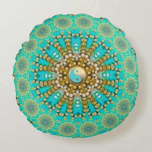 ターコイズアクア金ゴールド陰陽ビーチキマンダラ ラウンドクッション (正面)
