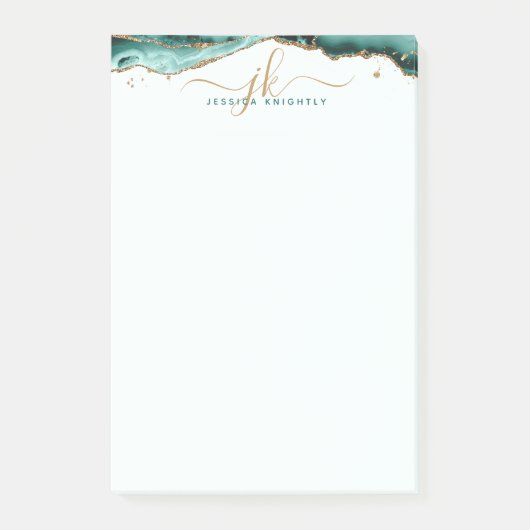 ターコイズアゲイト金ゴールドグリッタースクリプトモノグラム ポストイット (正面)