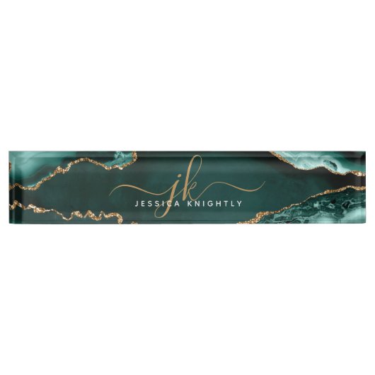ターコイズアゲエレガントート金ゴールドスクリプトモノグラム名 デスクネームプレート (正面)