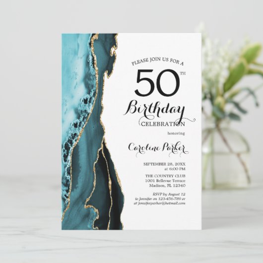 ターコイズアゲート金ゴールドホワイト50誕生日 招待状 (スタンド正面)