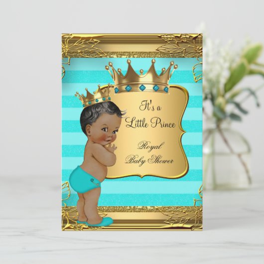 ターコイズアフリカ系アメリカ人プリンスベビーシャワー 招待状 (スタンド正面)