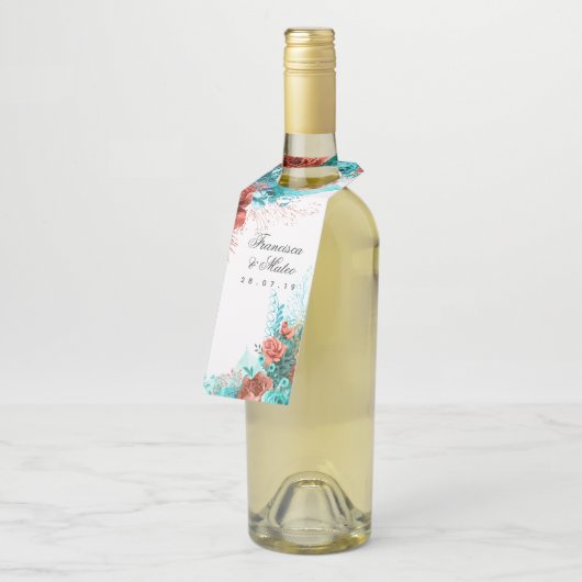 ターコイズアンドコーラルトロピカル結婚フローラボトル ボトルネックタグ (アングル)