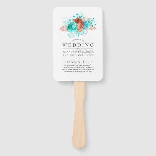 ターコイズアンドコーラルトロピカル結婚式 プログラム ハンドファン (正面)