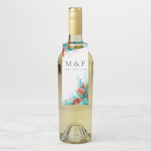 ターコイズアンドコーラル熱帯フローラ結婚ズ ボトルネックタグ (ボトル)