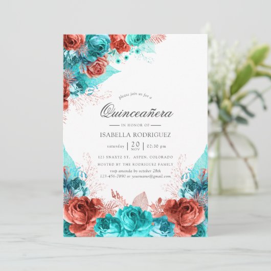 ターコイズアンドコーラル素朴フローラクインセアニラ 招待状 (スタンド正面)