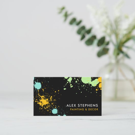 ターコイズイエローグリーンブラック絵を描（ばちゃばちゃ）跳ねる 名刺 (スタンド正面)