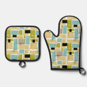 ターコイズイエロースクウェアスターバストミッドセンチュリー 鍋つかみ&鍋敷きセット (正面)