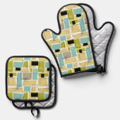 ターコイズイエロースクウェアスターバストミッドセンチュリー 鍋つかみ&鍋敷きセット (正面/裏面)
