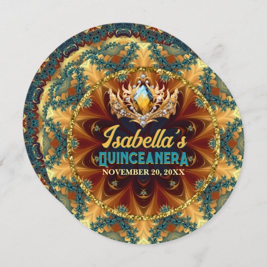 ターコイズイエローフラクタルレース&ティアラのキンセアニエラ 招待状 (正面/裏面)