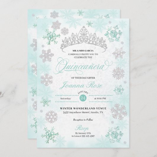 ターコイズウィンターワンダーランドスノーフレークキンセアニェラ 招待状 (正面/裏面)