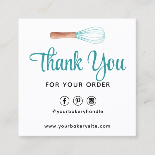 ターコイズウォーターカラーウィスクベーカリーQRありがとう スクエア名刺 (正面)