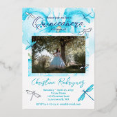 ターコイズウォーターカラーオーキッドドラゴンフライキンセアニェラ 箔招待状 (正面)