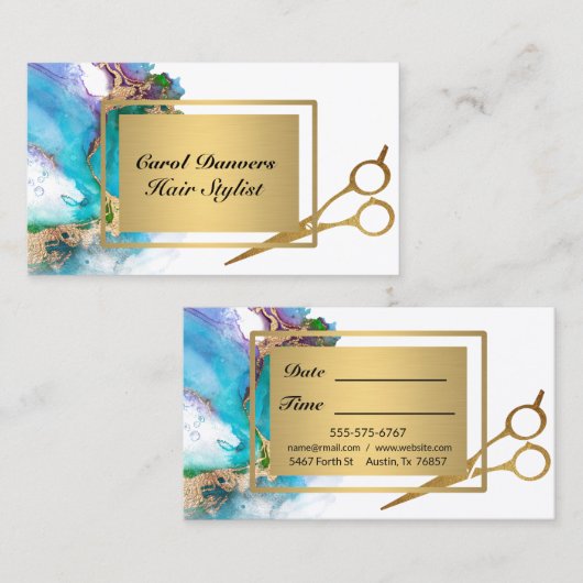 ターコイズウォーターカラーゴールドフォイルマーブル美容師 名刺 (正面/裏面)