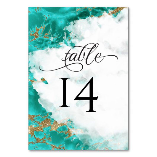 ターコイズウォーターカラーマーブルジオードBarefootBride™ テーブルナンバー (正面)