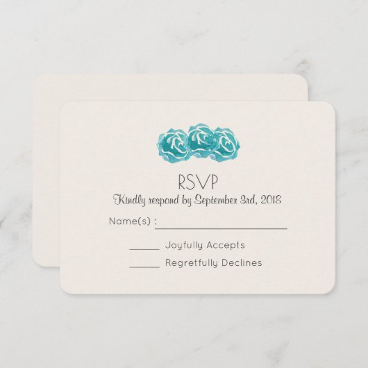 ターコイズウォーターカラーローズの結婚式出欠確認 招待状 (正面/裏面)