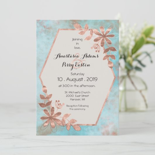 ターコイズウォーターカラー結婚式の銅の花 招待状 (スタンド正面)