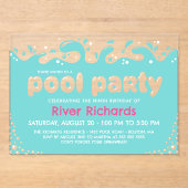 ターコイズウォータースプラッシュガール誕生日プールパーティー アクリル招待状 (正面)