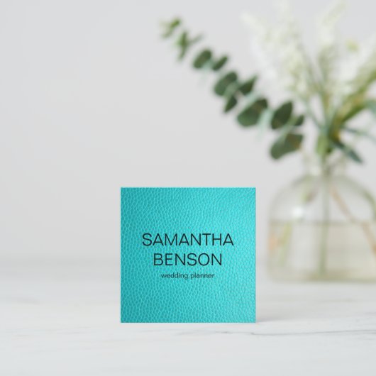 ターコイズウオーターカラーレザーウェディングプランナー スクエア名刺 (スタンド正面)