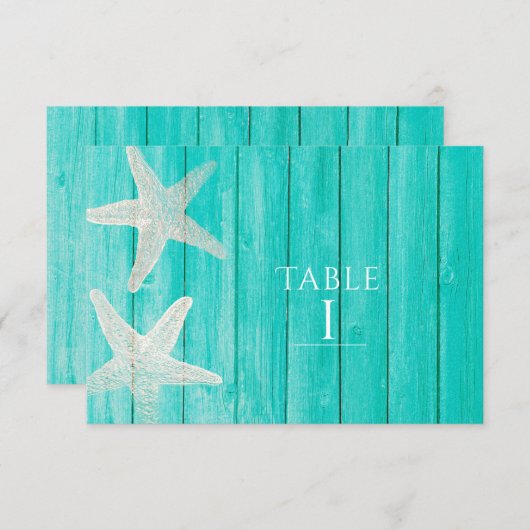 ターコイズウッド & スターフィッシュ ビーチ エレガント テーブル ナンバー 招待状 (正面/裏面)
