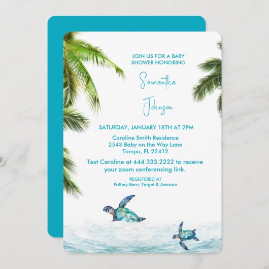 ターコイズウミガメ熱帯産ベビーシャワー 招待状 (正面/裏面)