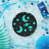 ターコイズエイリアンパターン(星と月) ペーパープレート (パーティー)