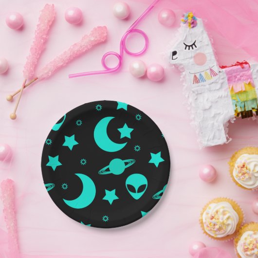 ターコイズエイリアンパターン(星と月) ペーパープレート (パーティー)