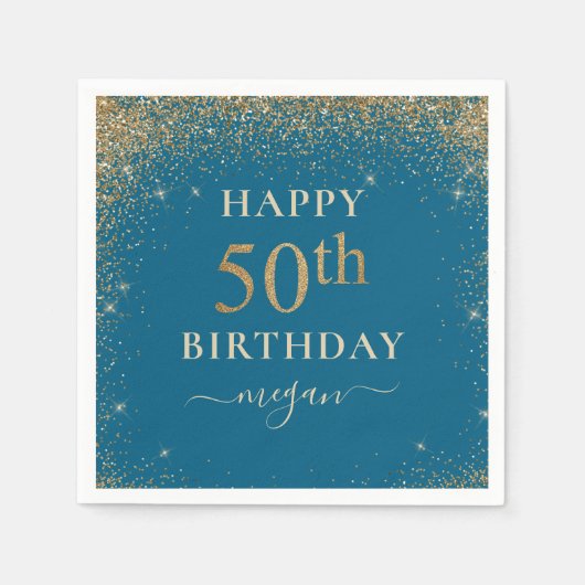 ターコイズエレガントグリッター50th誕生日パーティー スタンダードカクテルナプキン (正面)