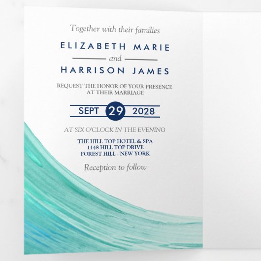ターコイズエレガントタイズビーチ結婚式スイート 三つ折り招待状 (内部最初)