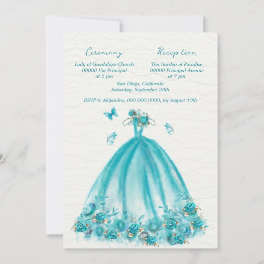 ターコイズエレガントフローラ蝶キンセアニラ 招待状 (裏面)