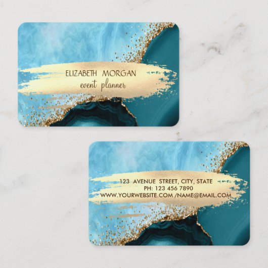 ターコイズエレガント大理石ゴールドフォイルブラシストローク 名刺 (正面/裏面)