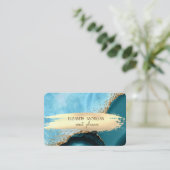 ターコイズエレガント大理石ゴールドフォイルブラシストローク 名刺 (スタンド正面)