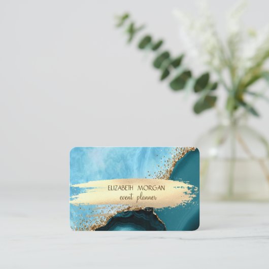 ターコイズエレガント大理石ゴールドフォイルブラシストローク 名刺 (スタンド正面)