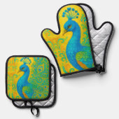 ターコイズエレガント孔雀の鳥の装飾 鍋つかみ&鍋敷きセット (正面/裏面)