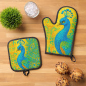 ターコイズエレガント孔雀の鳥の装飾 鍋つかみ&鍋敷きセット (トップダウン)