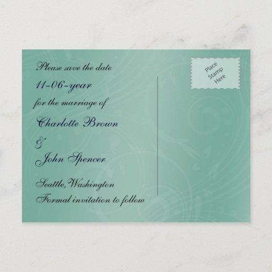 ターコイズエレガント孔雀は日付を保存 案内ポストカード (裏面)