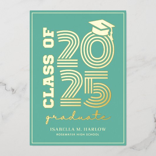 ターコイズエレガント高校卒業金ゴールド 箔招待状 (正面)