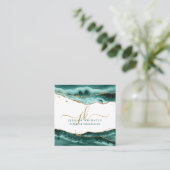 ターコイズエージェント金ゴールドスクリプトモノグラムQRコード スクエア名刺 (スタンド正面)