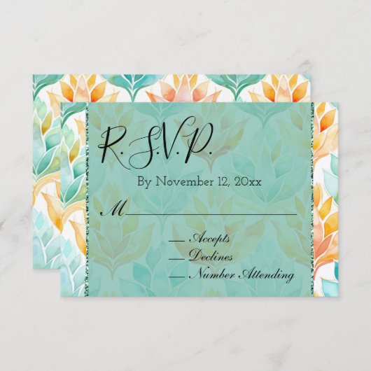 ターコイズオレンジの抽象的な花の結婚式の出欠確認 エンクロージャーカード (正面/裏面)