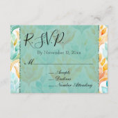 ターコイズオレンジの抽象的な花の結婚式の出欠確認 エンクロージャーカード (正面)