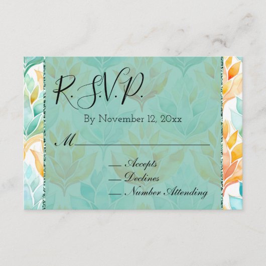 ターコイズオレンジの抽象的な花の結婚式の出欠確認 エンクロージャーカード (正面)